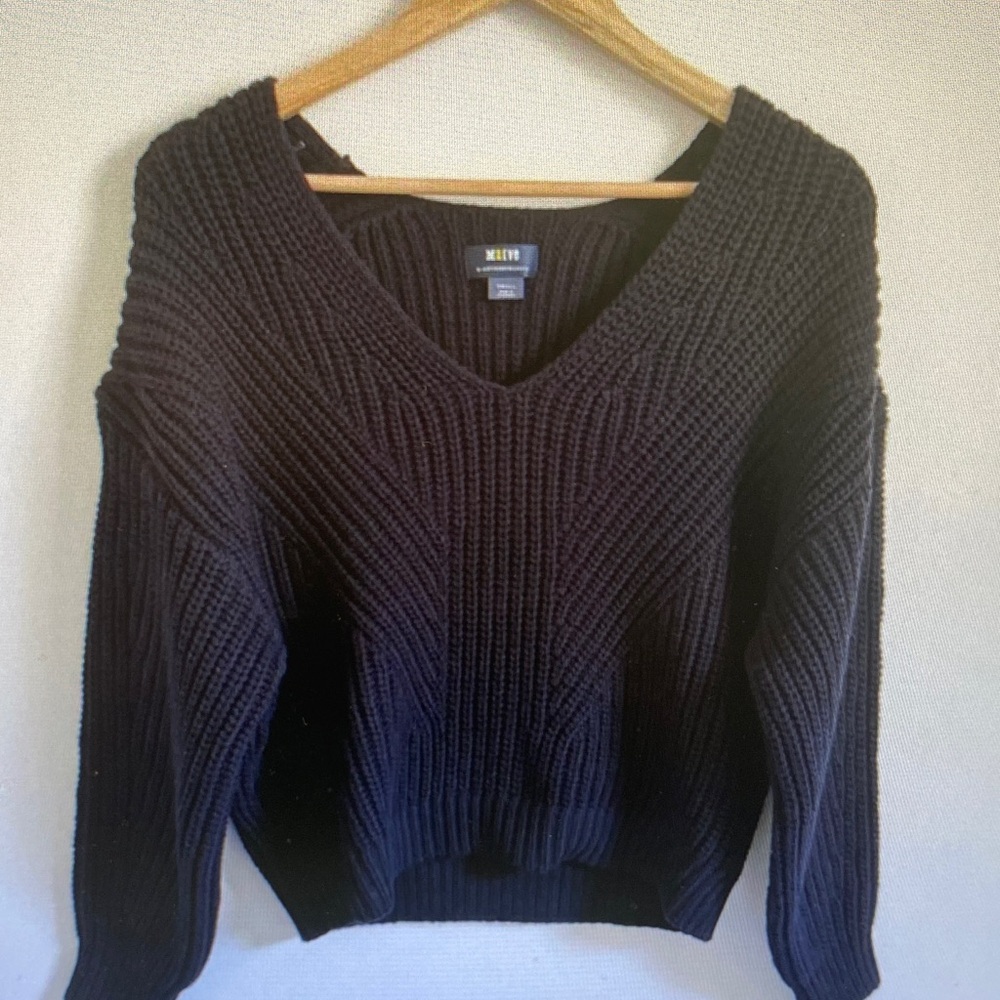 Anthropologie Black V-Neck Ribbed Knit Sweater